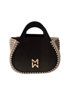 Makafui Adom collection featuring luxury handmade crochet handbags with structured wooden frames in beige.