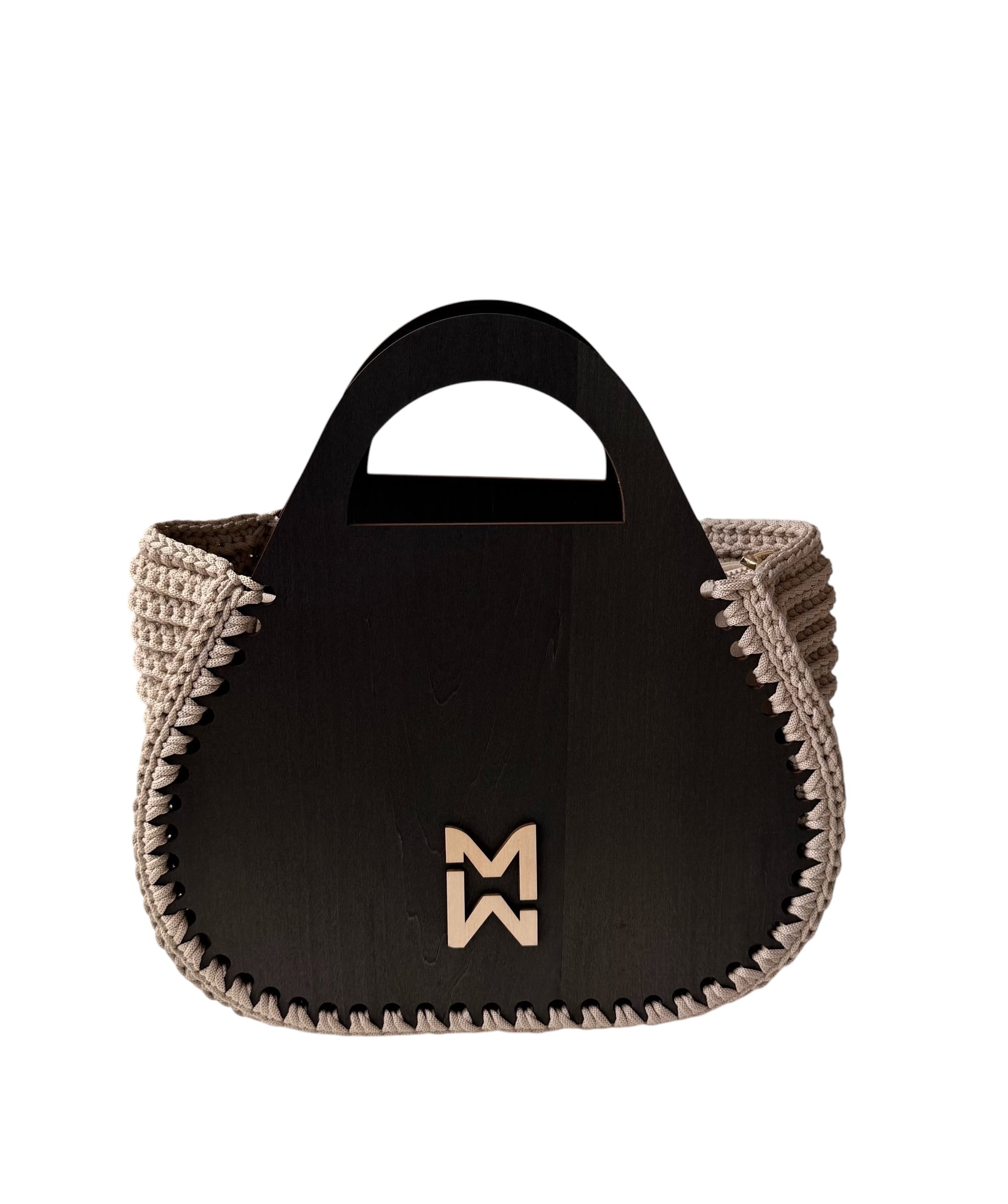 Makafui Adom collection featuring luxury handmade crochet handbags with structured wooden frames in beige.